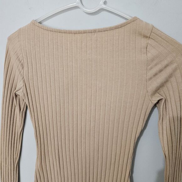 Labiz Bodysuit Womens Small One-Piece Ribbed Knit Cut Out Long Sleeve Beige - Picture 6 of 13